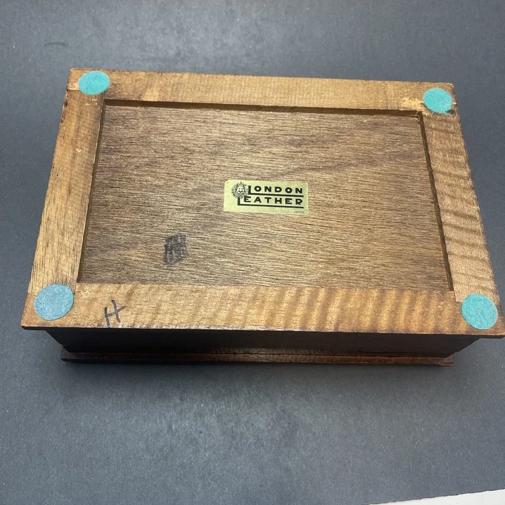Vintage London Leather Wood & Leather Jewelry Box, Brass Studs Gold Velvet Lined